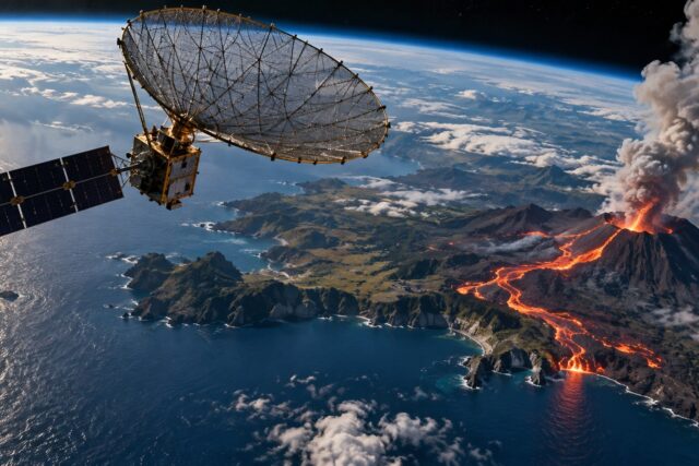 Ilustración científica de un satélite de radar sobre la Tierra y una región volcánica; no son datos reales de NISAR.