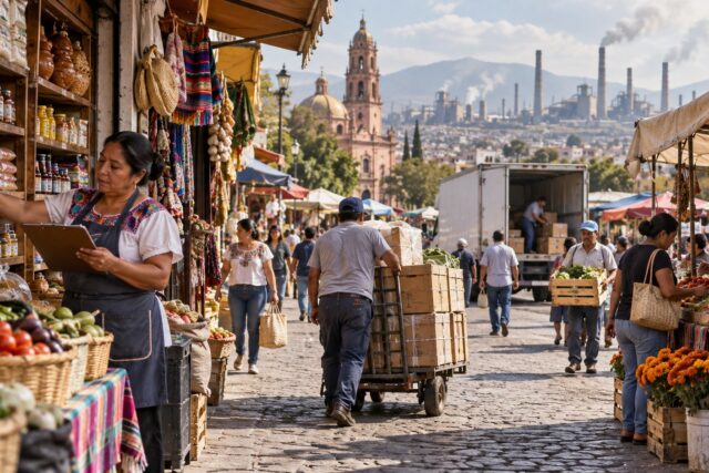 Ilustración editorial de actividad comercial y logística en una ciudad mexicana.