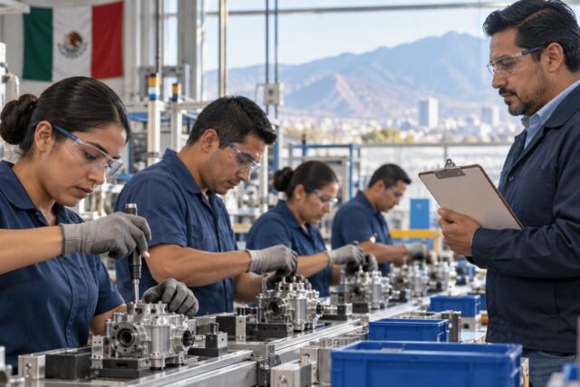 Ilustración editorial de técnicos trabajando en una línea de manufactura bajo supervisión de producción.