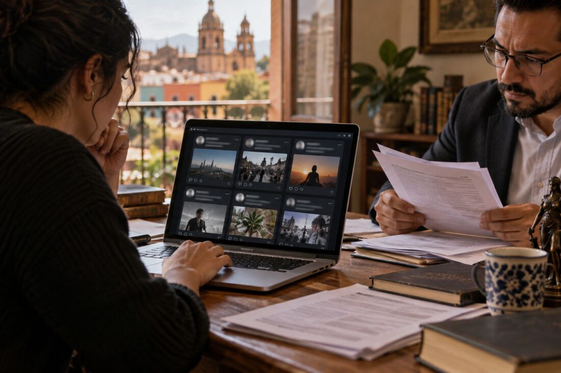 Ilustración de revisión de publicaciones anónimas en una computadora junto a documentos de análisis jurídico.