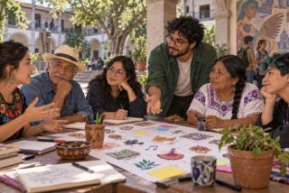 Ilustración de vecinos de distintas edades conversando alrededor de una mesa en un patio comunitario.