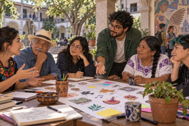 Ilustración de vecinos de distintas edades conversando alrededor de una mesa en un patio comunitario.