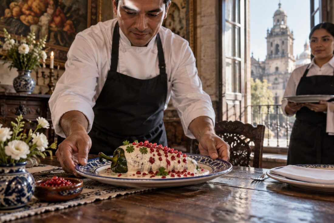 Ilustración de un cocinero que presenta un chile en nogada en un restaurante; no corresponde a la premiación ni a un establecimiento participante.