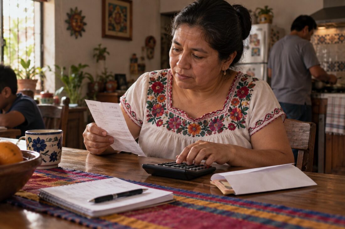 Ilustración de una familia que compara un recibo de transferencia y una calculadora; no contiene cifras ni datos bancarios reales.
