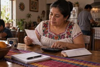Ilustración de una familia que compara un recibo de transferencia y una calculadora; no contiene cifras ni datos bancarios reales.