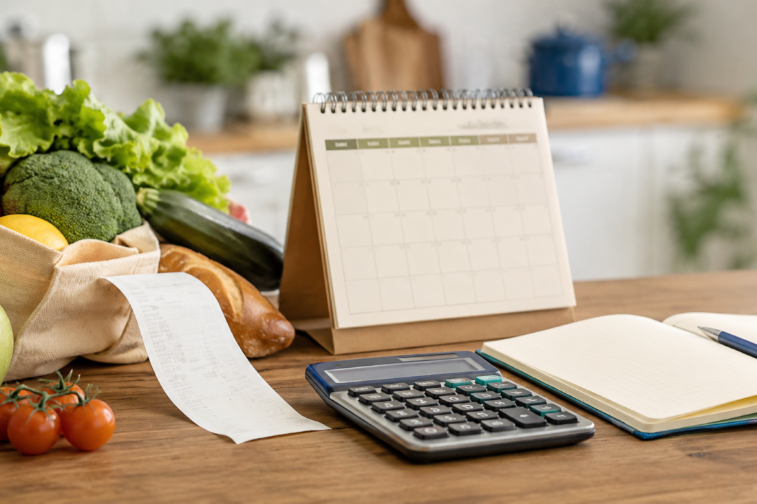 Productos de despensa, recibo, calendario y calculadora sobre una mesa, imagen editorial sobre inflación y UDIS.