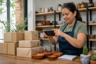 Persona administrando un pequeño catálogo de productos en línea desde un teléfono junto a paquetes listos para entrega.