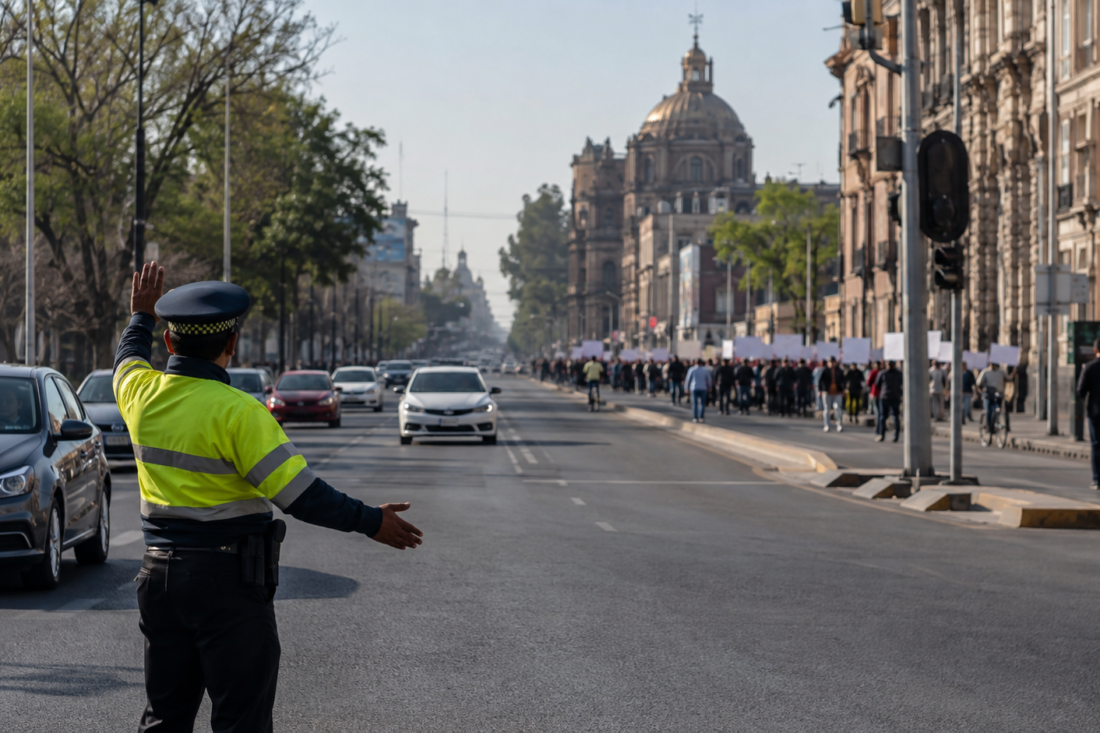 Agente de tránsito dirige la circulación durante una movilización en la Ciudad de México