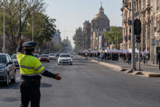 Agente de tránsito dirige la circulación durante una movilización en la Ciudad de México