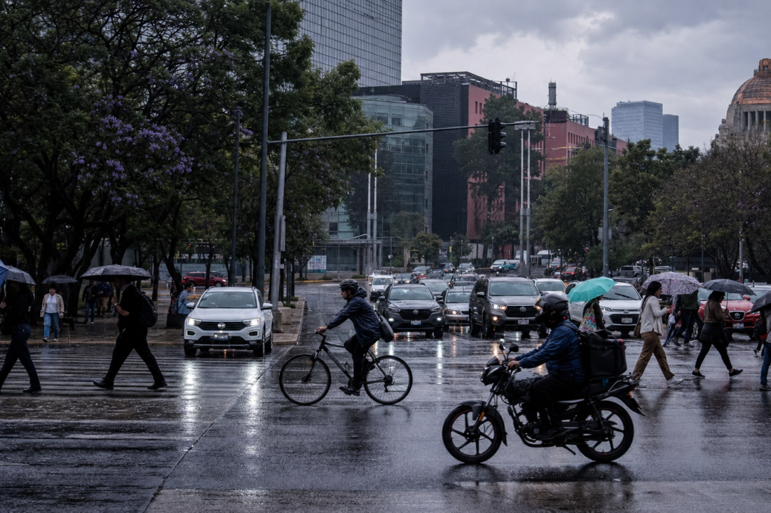 Automóviles avanzan lentamente sobre una avenida de la Ciudad de México mientras peatones cruzan con paraguas bajo un cielo nublado; al fondo se observan señales viales y edificios urbanos.