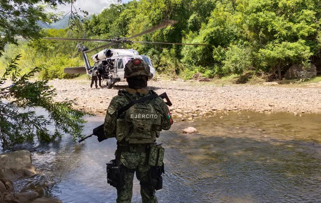 Elementos del Ejército Mexicano durante un operativo en una zona boscosa de Guerrero para localizar laboratorios clandestinos.