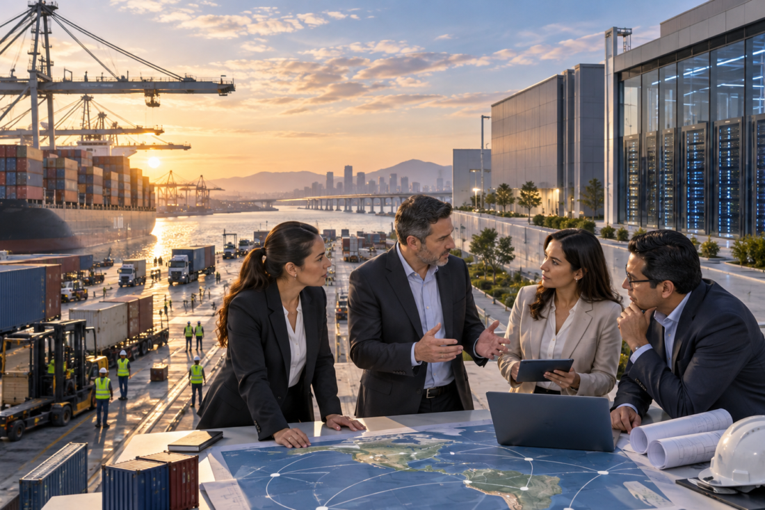 Puerto comercial y centro de datos en composición ilustrativa sobre seguridad e inversión regional