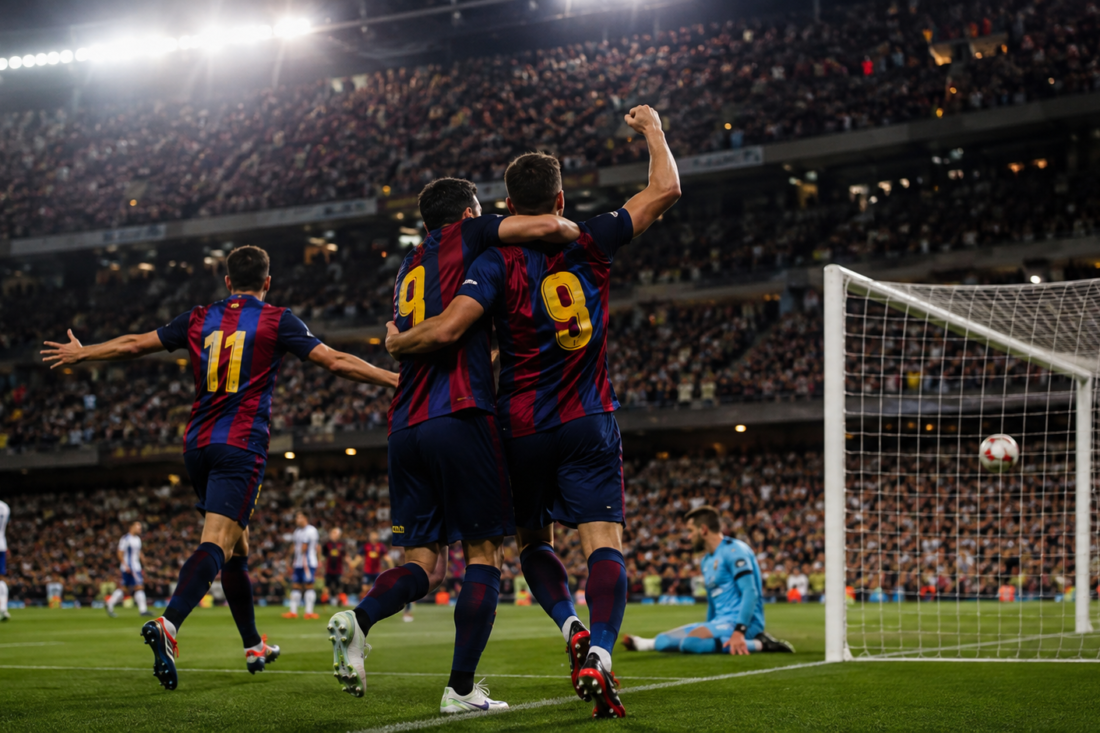 Jugadores de un equipo azul y granate celebran un gol en un estadio lleno.