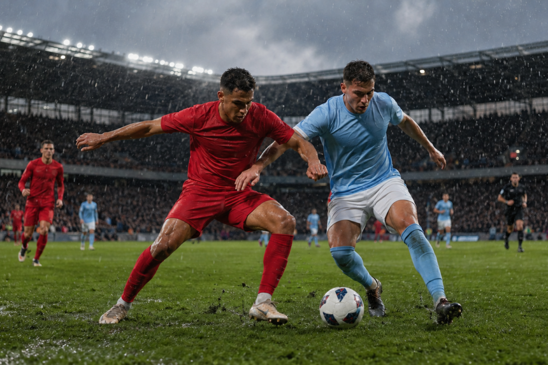 Futbolistas compiten bajo la lluvia en un partido de la Premier League.
