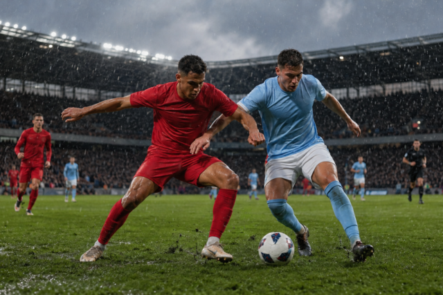 Futbolistas compiten bajo la lluvia en un partido de la Premier League.