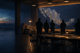 Sala de estrategia electoral con figuras en silueta frente a un mapa iluminado de México, imagen editorial sobre las elecciones de 2027.