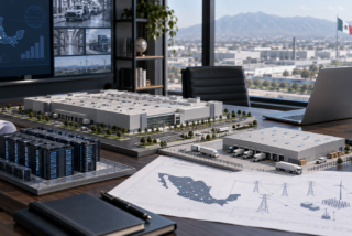 Modelos de fábrica y centro de datos sobre una mesa de planeación de inversión, imagen ilustrativa