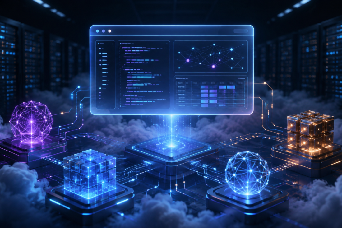 Agentes de inteligencia artificial colaborando en la nube frente a un entorno de código y datos, en una ilustración editorial de Ciencia y Tecnología.