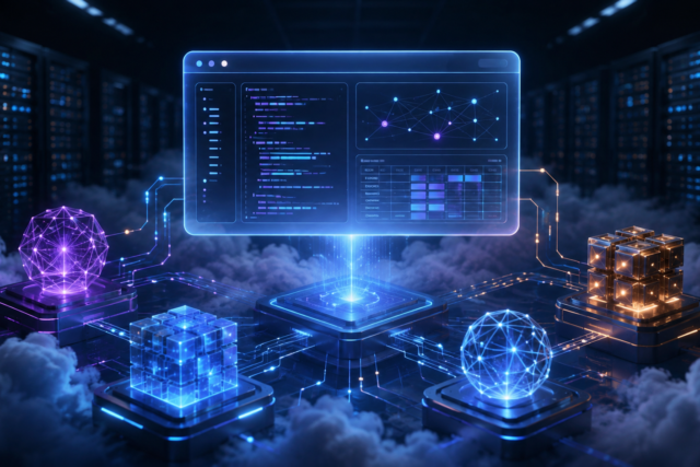 Agentes de inteligencia artificial colaborando en la nube frente a un entorno de código y datos, en una ilustración editorial de Ciencia y Tecnología.