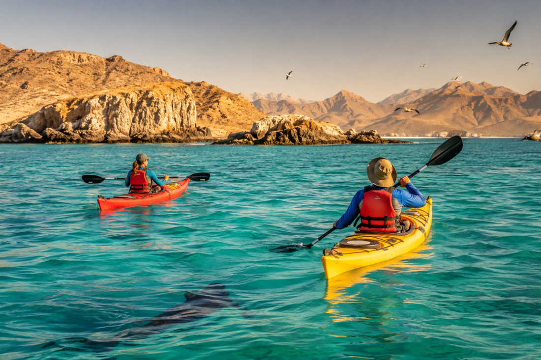 Kayakistas reman entre las islas del Parque Nacional Bahía de Loreto, Baja California Sur.