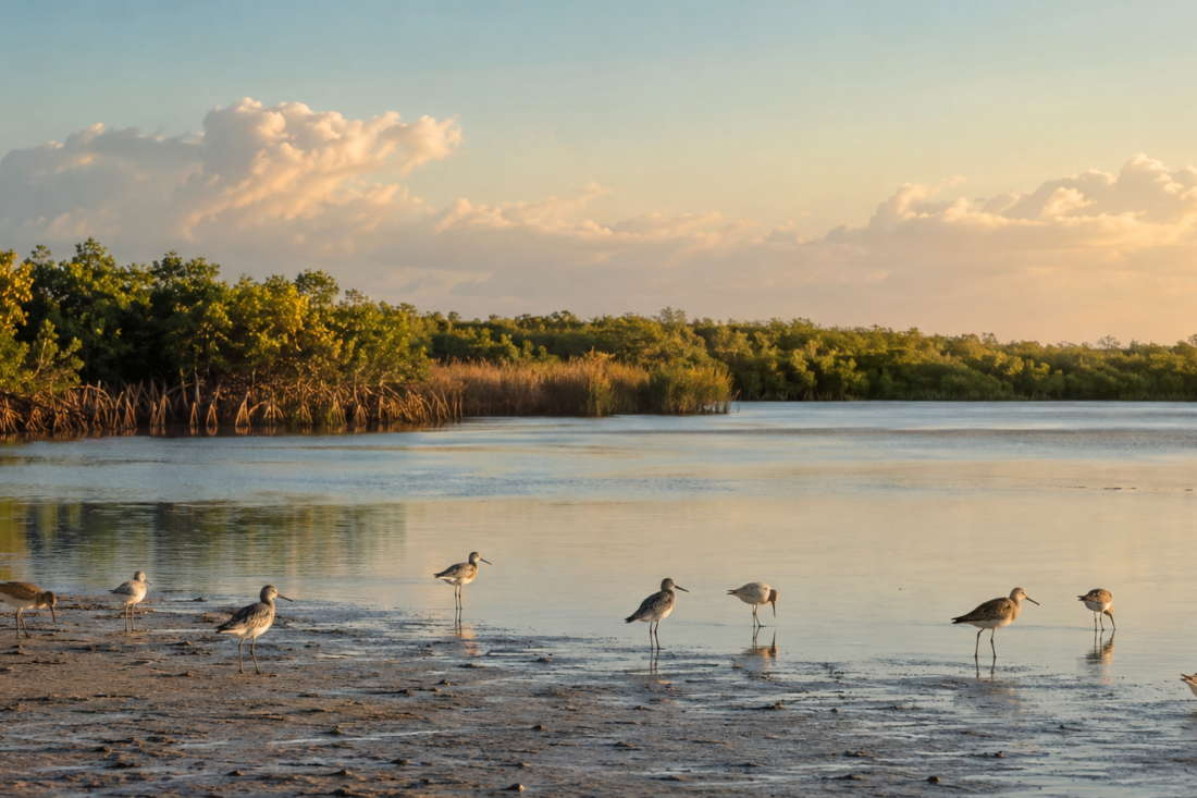 Aves playeras descansando y alimentándose en un humedal costero al amanecer, en una imagen editorial de conservación.