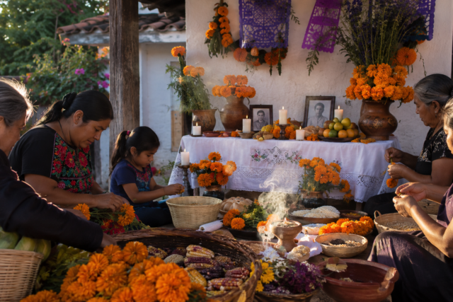 Familia prepara una ofrenda de Día de Muertos con flores de cempasúchil y alimentos tradicionales.