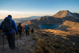 Excursionistas con equipo de montaña avanzan hacia el cráter del Nevado de Toluca.