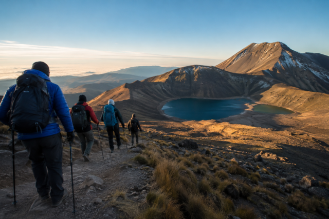 Excursionistas con equipo de montaña avanzan hacia el cráter del Nevado de Toluca.