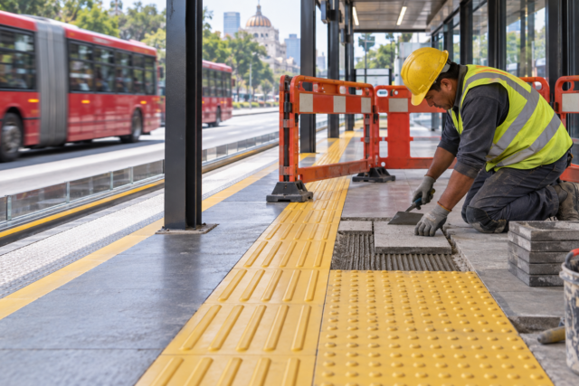 Ilustración editorial generada con IA de trabajos en una guía táctil de una estación de transporte; no documenta una estación ni un cierre real del Metrobús.