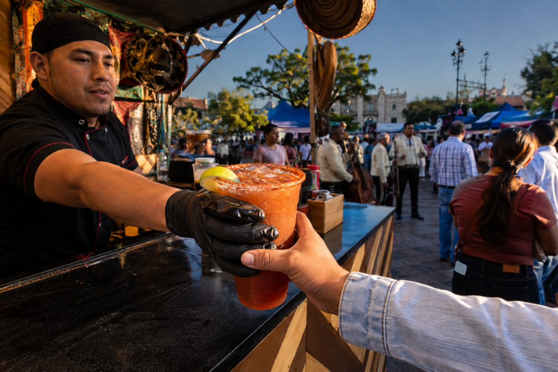 Vaso de michelada escarchado en una plaza de Villagrán, con puestos de comida, música y visitantes en una escena documental mexicana.