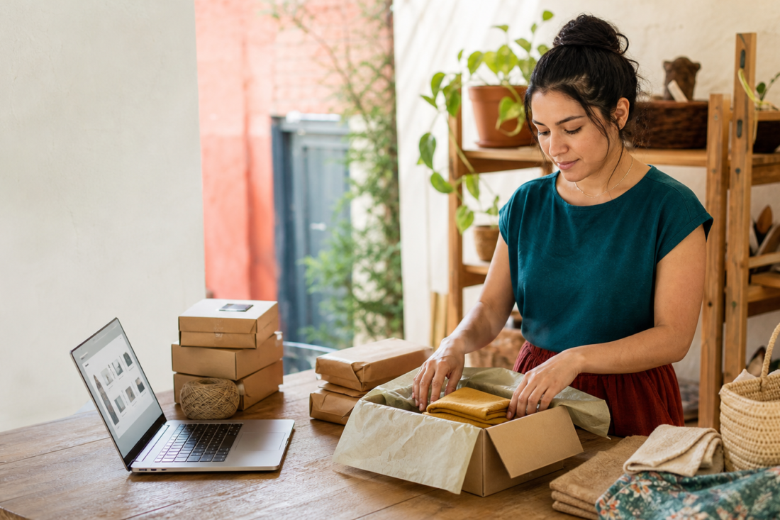 Emprendedora mexicana prepara pedidos para una tienda en línea en su taller.