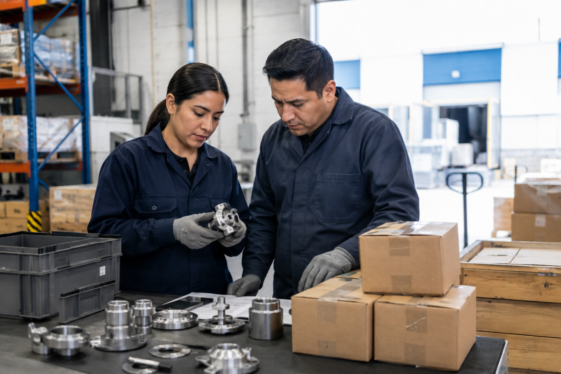 Equipo de proveedores mexicanos revisa componentes industriales y cajas listas para una cadena de suministro.