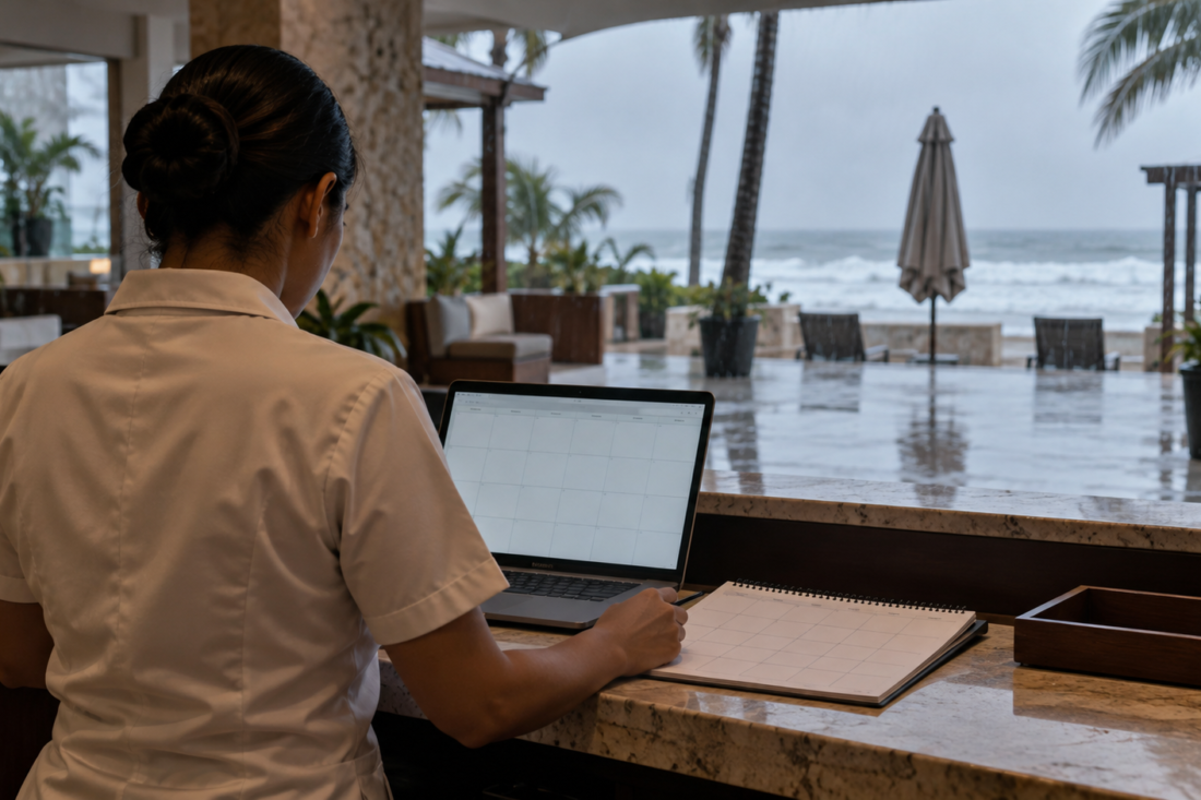 Ilustración editorial de personal hotelero que revisa reservas ante lluvia en la costa; no es una fotografía de Polo.
