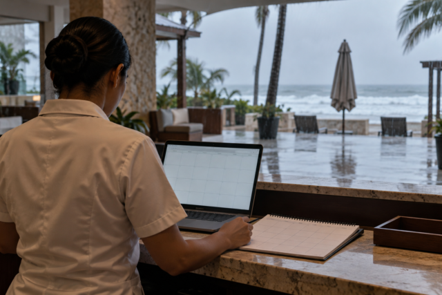 Ilustración editorial de personal hotelero que revisa reservas ante lluvia en la costa; no es una fotografía de Polo.