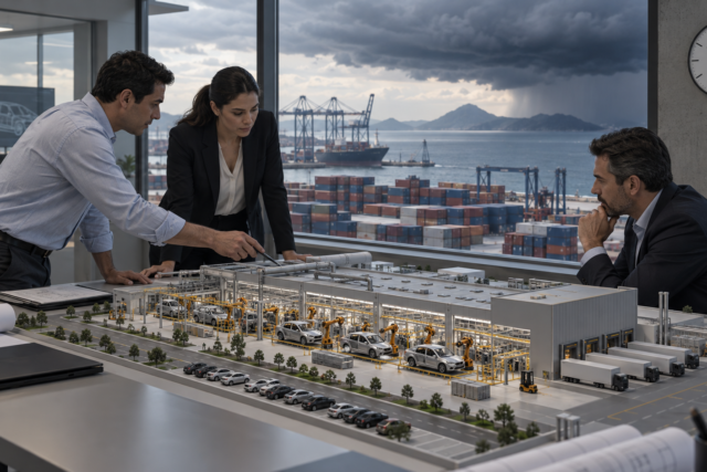 Equipo de planeación examina una maqueta industrial frente a un puerto nublado