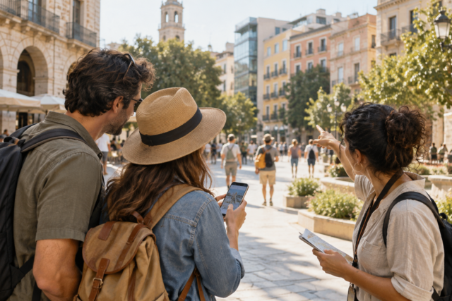 Viajeros consultan un teléfono para orientarse en una plaza urbana, con edificios y servicios turísticos al fondo.