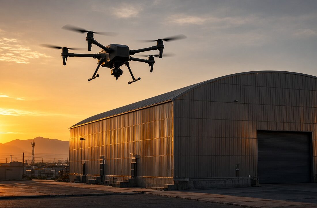 Aeronave no tripulada de vigilancia sobre costa mexicana al atardecer