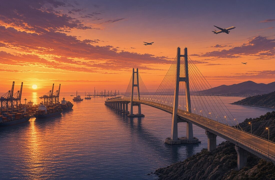 Puente atirantado al atardecer entre dos costas con barcos de carga y aviones en el cielo