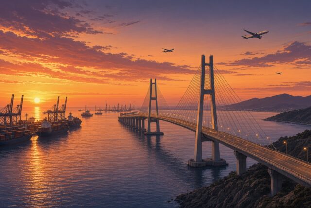 Puente atirantado al atardecer entre dos costas con barcos de carga y aviones en el cielo