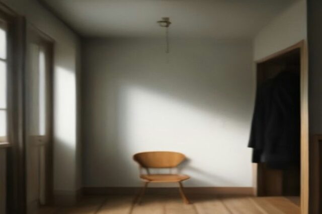 Abrigo oscuro colgado en un perchero junto a una silla de madera vacía en un cuarto de paredes claras con luz lateral