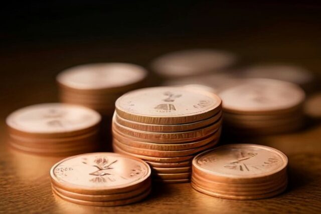 Pilas ordenadas de monedas cobrizas sobre una mesa de madera oscura con luz cálida y fondo desenfocado, sin personas ni texto