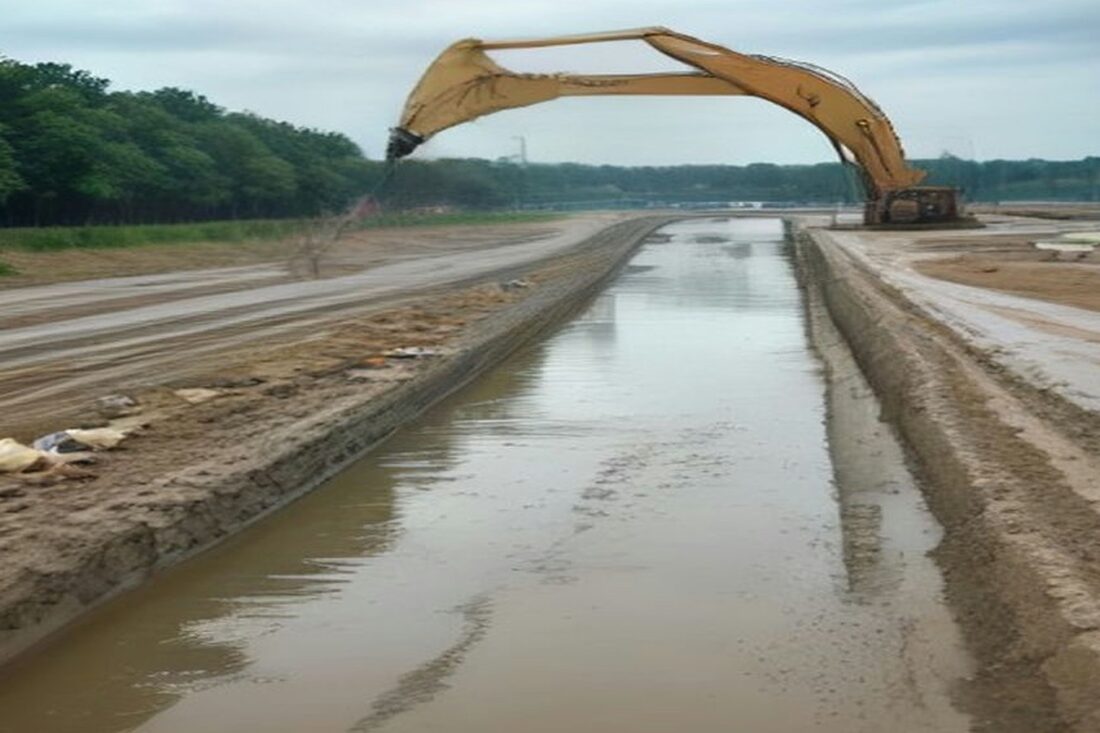 Canal de concreto a cielo abierto con agua turbia y bancos de sedimento, una excavadora amarilla trabajando en la orilla bajo un cielo nublado
