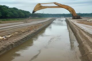 Canal de concreto a cielo abierto con agua turbia y bancos de sedimento, una excavadora amarilla trabajando en la orilla bajo un cielo nublado