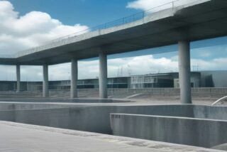 Estructura de concreto y cristal con pasos elevados y plazas vacías bajo cielo parcialmente nublado, sin personas ni texto