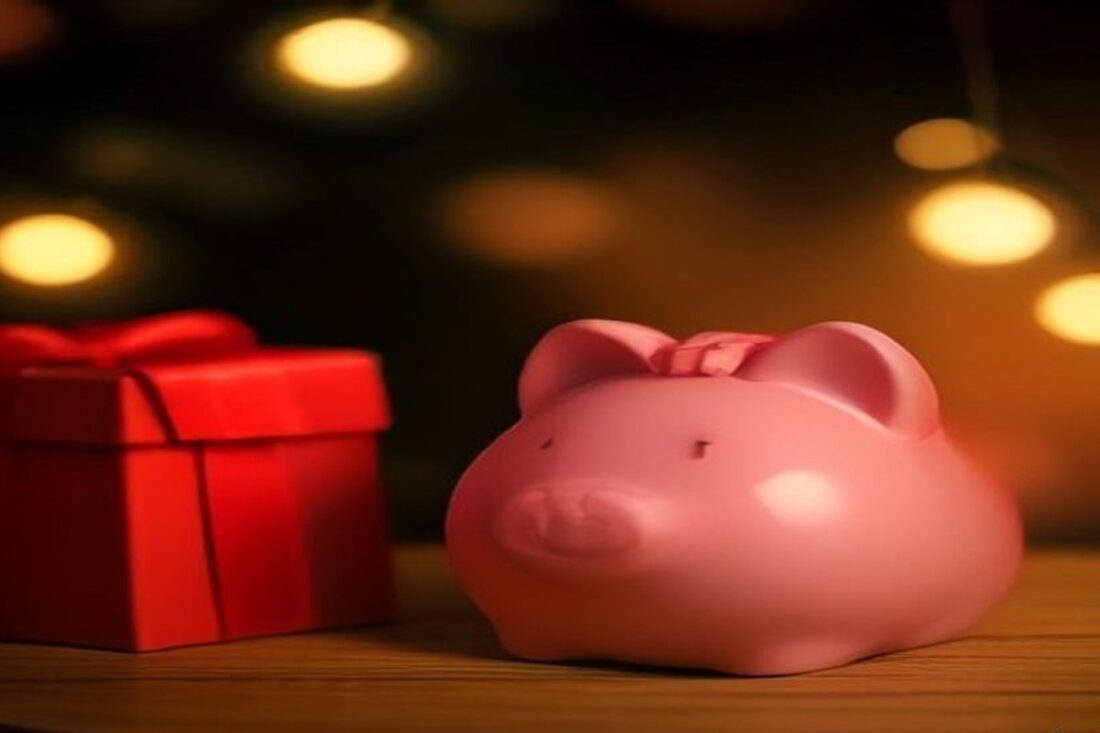 Alcancía rosa de cerámica junto a una caja de regalo roja con moño sobre una mesa de madera y luces navideñas desenfocadas, alusiva al pago del aguinaldo 2026