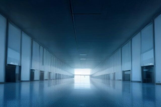 Pasillo largo y vacío de una terminal con muros de cristal, iluminación azul y piso pulido que refleja la luz