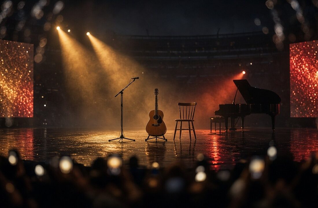 Guitarra acústica, silla de madera y piano de cola sobre un escenario mojado de estadio iluminado con reflectores ámbar tras la lluvia