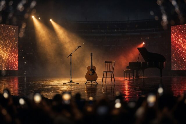 Guitarra acústica, silla de madera y piano de cola sobre un escenario mojado de estadio iluminado con reflectores ámbar tras la lluvia