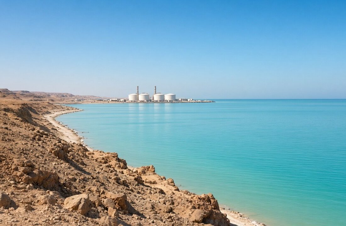 Costa desértica junto a un mar turquesa en calma con tanques industriales de gas a lo lejos bajo cielo despejado, sin personas