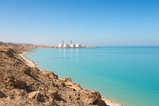 Costa desértica junto a un mar turquesa en calma con tanques industriales de gas a lo lejos bajo cielo despejado, sin personas